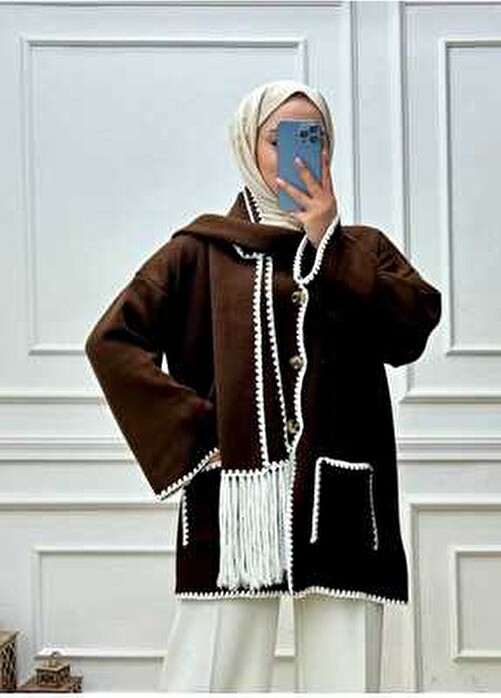 Elisa Nakış Detaylı Yumuşak Kahverengi Ceket Dokuma Kumaşlı Düz Desenli Kadın Uzun Kol görsel 6