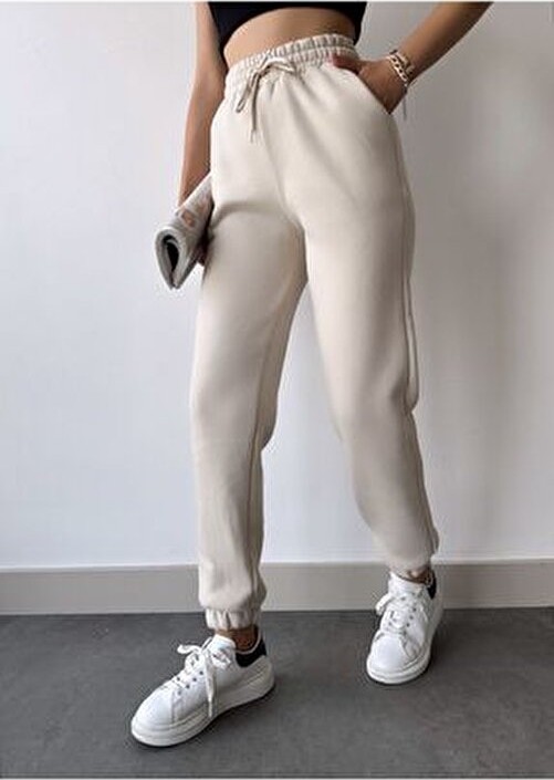 Schlank Kadın Bej Kışlık Kalın Içi Polarlı Yüksek Bel Paçası Lastikli Basic Jogger Eşofman Altı görsel 4