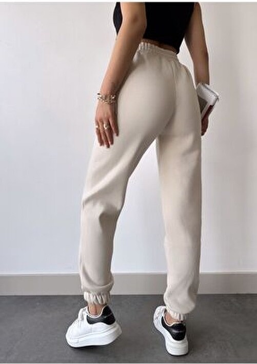 Schlank Kadın Bej Kışlık Kalın Içi Polarlı Yüksek Bel Paçası Lastikli Basic Jogger Eşofman Altı görsel 6