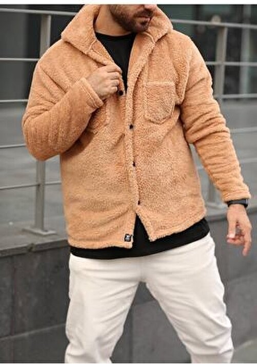 Belirtilmemiş Unisex Peluş Polar Hırka Ceket Bej Renk Düz Desenli Örme Kumaş Regular Kalıp