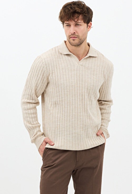 Tarz Cool Erkek Bej Uzun Kollu Polo Yaka Slim Fit Triko Kazak Casual Stil görsel 3