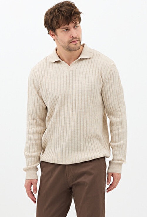 Tarz Cool Erkek Bej Uzun Kollu Polo Yaka Slim Fit Triko Kazak Casual Stil görsel 6
