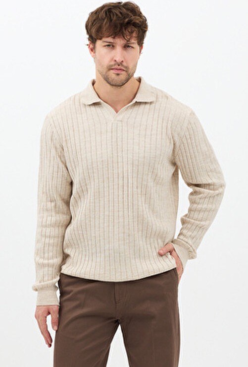Tarz Cool Erkek Bej Uzun Kollu Polo Yaka Slim Fit Triko Kazak Casual Stil görsel 4