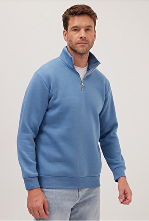 Tudors Unisex Relax Fit Rahat Kesim Pamuklu Içi Polarlı Yarım Fermuarlı Petrol Mavi Dik Yaka Sweatshirt görsel 5