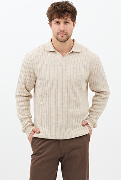 Tarz Cool Erkek Bej Uzun Kollu Polo Yaka Slim Fit Triko Kazak Casual Stil