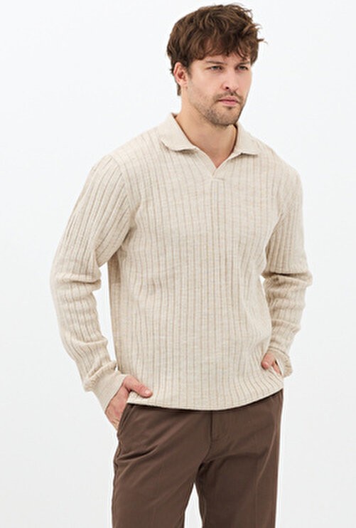 Tarz Cool Erkek Bej Uzun Kollu Polo Yaka Slim Fit Triko Kazak Casual Stil görsel 2