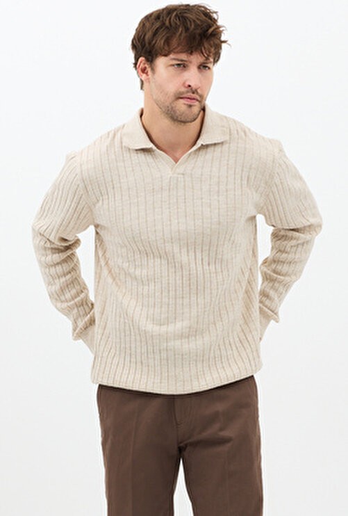 Tarz Cool Erkek Bej Uzun Kollu Polo Yaka Slim Fit Triko Kazak Casual Stil görsel 7