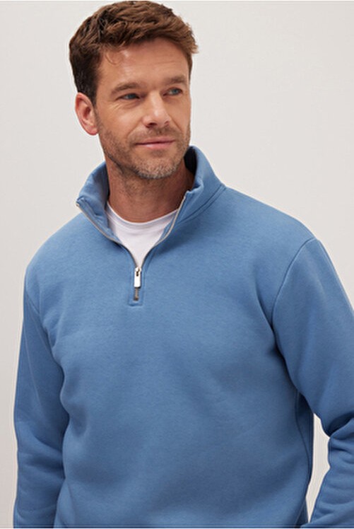Tudors Unisex Relax Fit Rahat Kesim Pamuklu Içi Polarlı Yarım Fermuarlı Petrol Mavi Dik Yaka Sweatshirt görsel 2