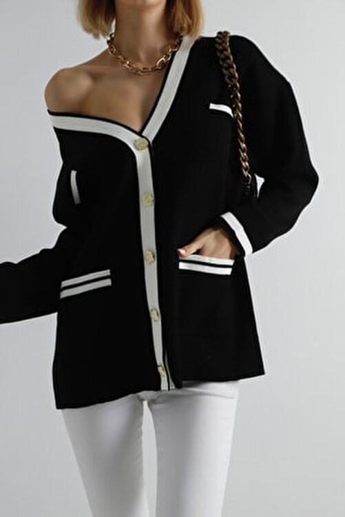 Winter Club Siyah Gold Düğmeli Şerit Detaylı Oversize Triko Hırka görsel 7