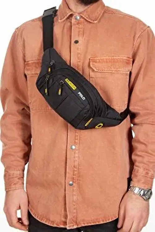 Tuldar Siyah Kumaş USB Kulaklık Çıkışlı Crossbody Çapraz Göğüs Omuz ve Bel Çantası