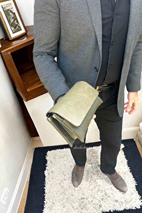 Dodo4men Üst Kalite Erkek Haki Canvas Deri El ve Bilek Çantası görsel 7