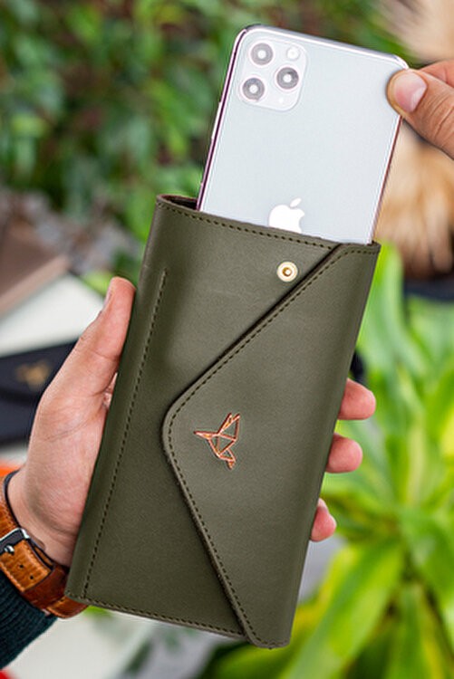 Garbalia Envelope Telefon ve Bozuk Para Bölmeli Zarf Model Haki Yeşil Kadın Cüzdan