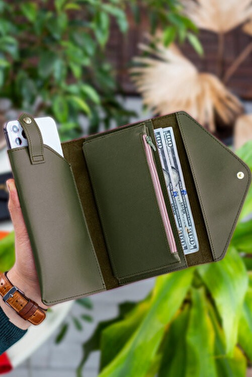 Garbalia Envelope Telefon ve Bozuk Para Bölmeli Zarf Model Haki Yeşil Kadın Cüzdan görsel 3