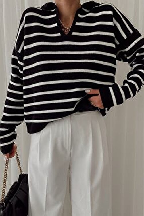 My Love Butik Kadın Polo Yaka Çizgili Triko Kazak Siyah Renk ile Günlük Kullanım İçin