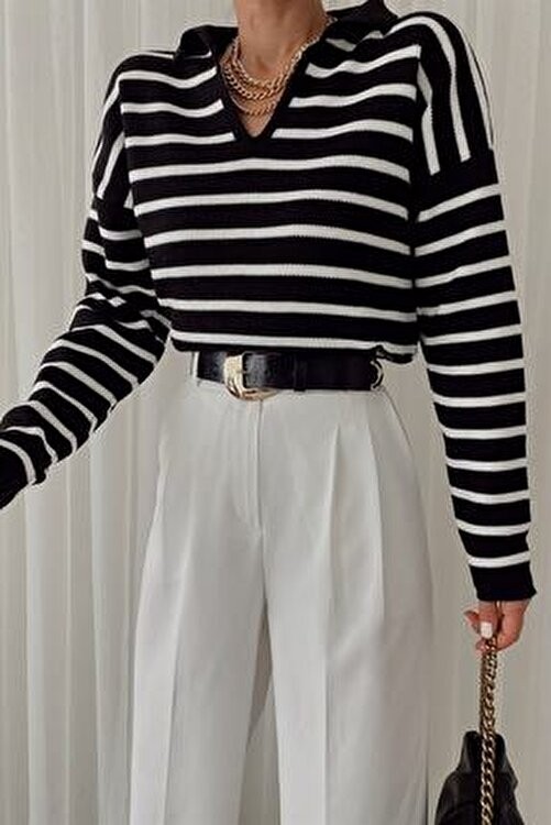 My Love Butik Kadın Polo Yaka Çizgili Triko Kazak Siyah Renk ile Günlük Kullanım İçin görsel 2