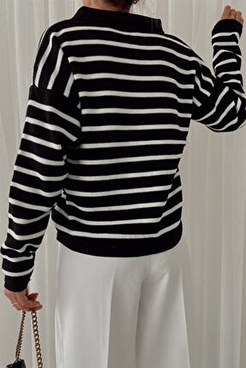 My Love Butik Kadın Polo Yaka Çizgili Triko Kazak Siyah Renk ile Günlük Kullanım İçin görsel 3