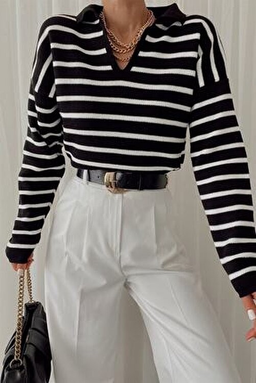 My Love Butik Kadın Polo Yaka Çizgili Triko Kazak Siyah Renk ile Günlük Kullanım İçin görsel 4