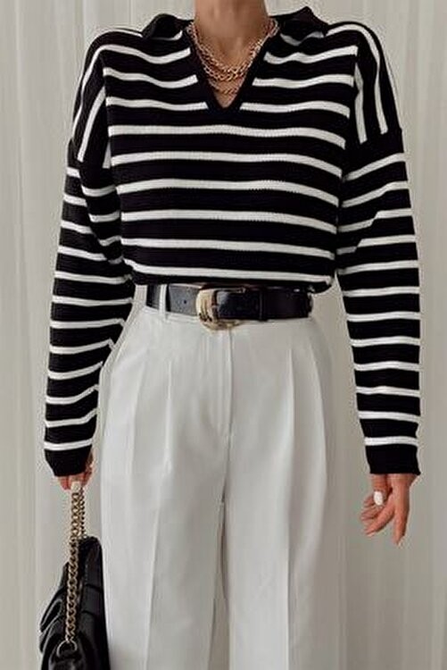 My Love Butik Kadın Polo Yaka Çizgili Triko Kazak Siyah Renk ile Günlük Kullanım İçin görsel 5
