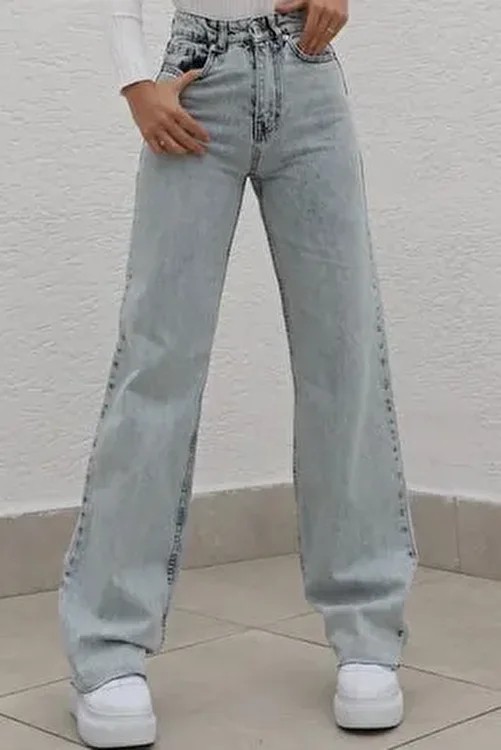 Livik Lily Likralı Kadın Füme Süper Yüksek Bel Salaş Paça Denim Kot Palazzo Pantolon