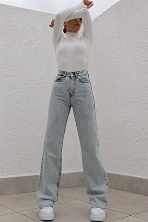 Livik Lily Likralı Kadın Füme Süper Yüksek Bel Salaş Paça Denim Kot Palazzo Pantolon görsel 4