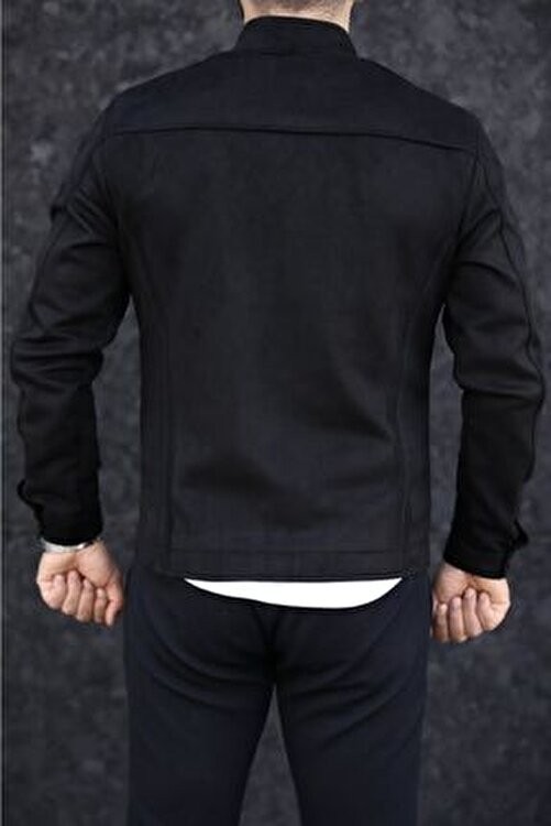 Baselco Erkek Slim Fit Siyah Süet Baharlık Ceket Uzun Kol Dik Yaka Orta Boy Çift Cepli görsel 4