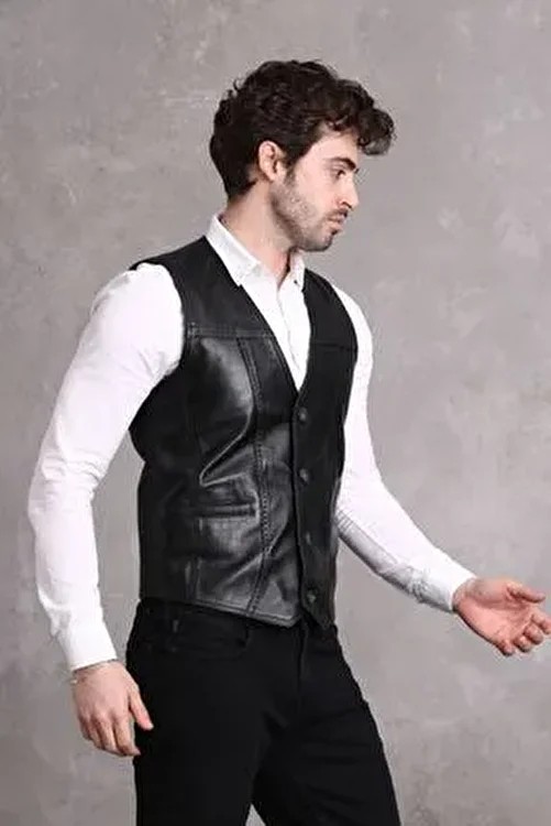 Nyc Giyim Tekstil Nyc Giyim Hakiki Deri Yelek Erkek Düğmeli V Yaka Siyah Renkli Modern Stil
