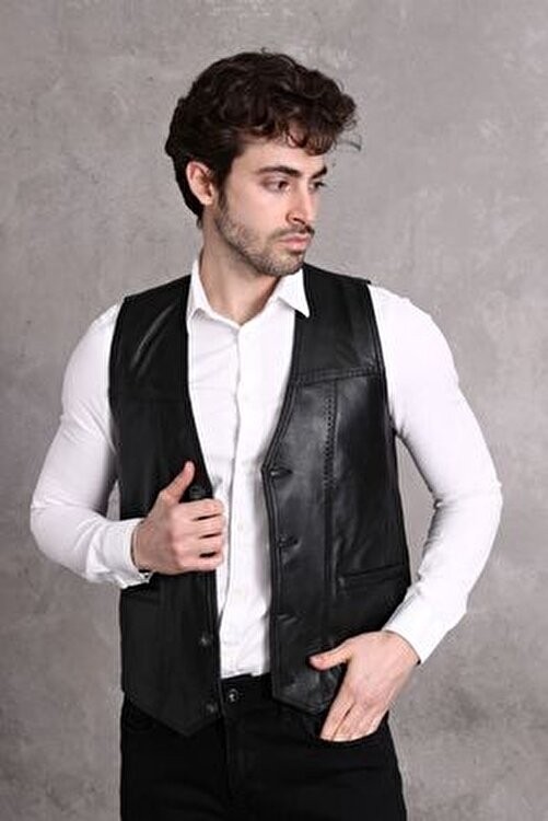 Nyc Giyim Tekstil Nyc Giyim Hakiki Deri Yelek Erkek Düğmeli V Yaka Siyah Renkli Modern Stil görsel 2