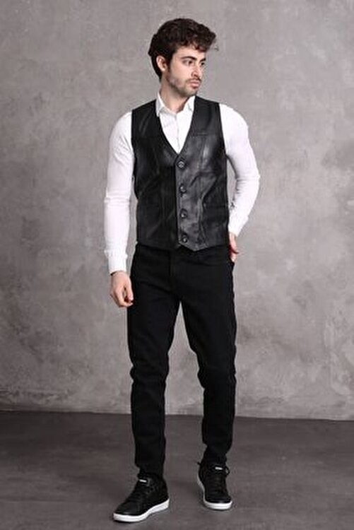 Nyc Giyim Tekstil Nyc Giyim Hakiki Deri Yelek Erkek Düğmeli V Yaka Siyah Renkli Modern Stil görsel 5