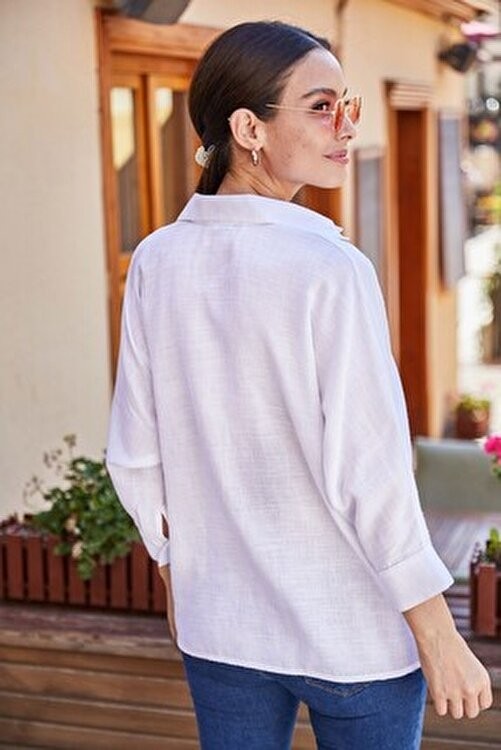 Armonika Kadın Fuşya Oversize Salaş Keten Gömlek Uzun Kol Gömlek Yaka Cepli ARM-21Y001035 görsel 3