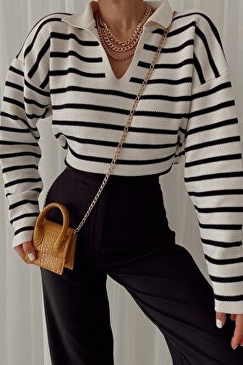 My Love Butik Kadın Polo Yaka Çizgili Triko Kazak Siyah Renk ile Günlük Kullanım İçin