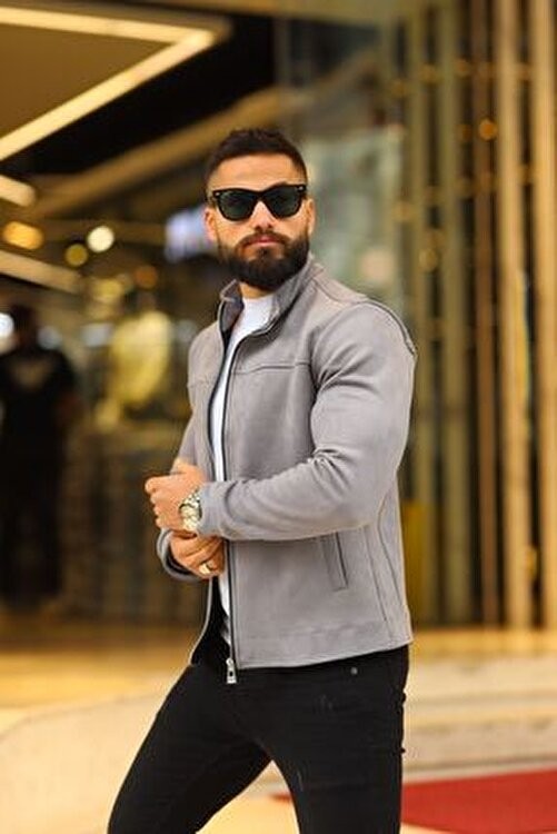 Baselco Erkek Slim Fit Siyah Süet Baharlık Ceket Uzun Kol Dik Yaka Orta Boy Çift Cepli görsel 8