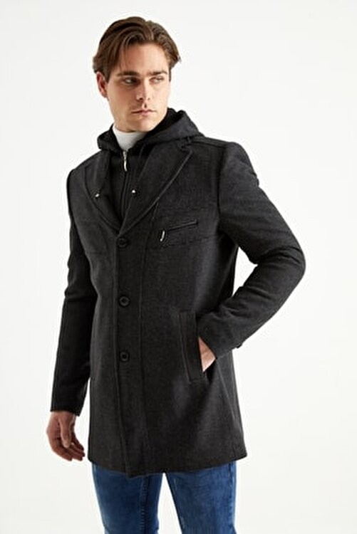Dynamo Erkek Siyah Kapüşonlu Kaban, Yün Karışımlı Polyester Malzeme, Casual Stil, M Beden