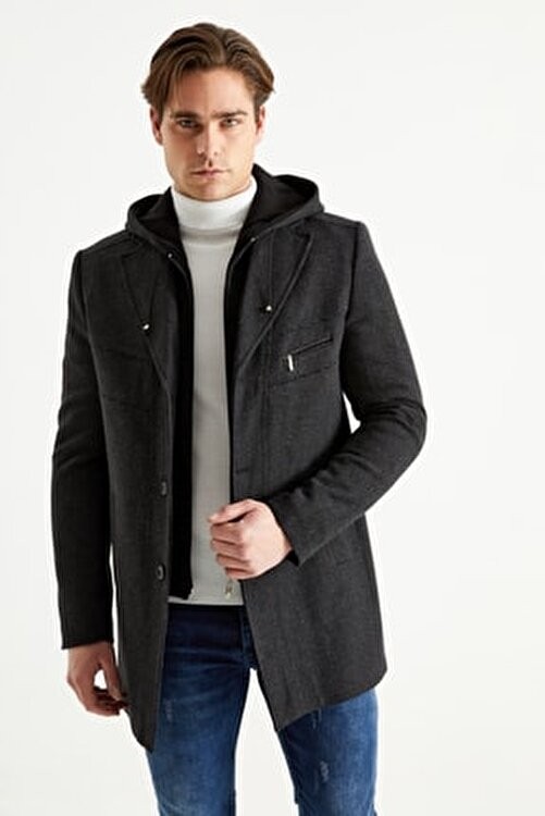 Dynamo Erkek Siyah Kapüşonlu Kaban, Yün Karışımlı Polyester Malzeme, Casual Stil, M Beden görsel 2