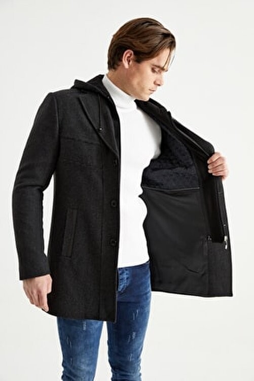 Dynamo Erkek Siyah Kapüşonlu Kaban, Yün Karışımlı Polyester Malzeme, Casual Stil, M Beden görsel 3
