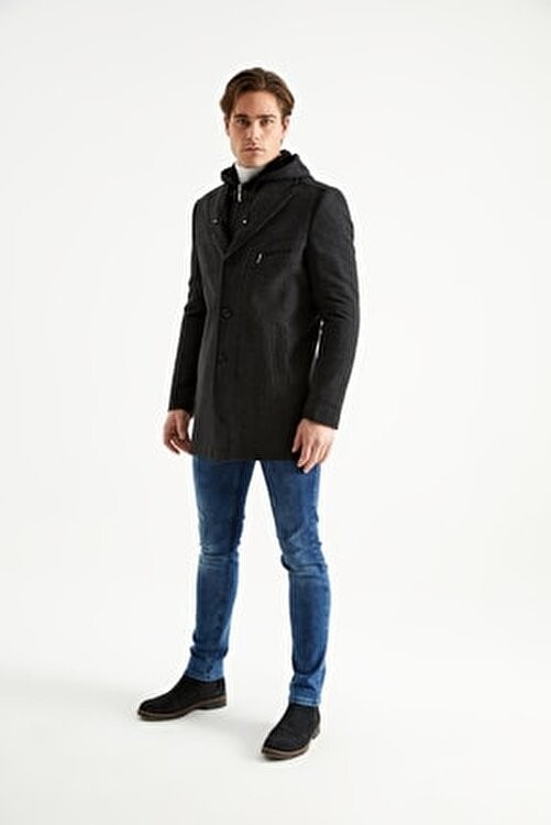 Dynamo Erkek Siyah Kapüşonlu Kaban, Yün Karışımlı Polyester Malzeme, Casual Stil, M Beden görsel 6
