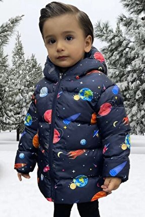 Freemen Erkek Çocuk Polarlı Kapüşonlu Gezegen Yıldız Desenli Kışlık Şişme Mont & Kaban & Parka