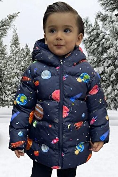 Freemen Erkek Çocuk Polarlı Kapüşonlu Gezegen Yıldız Desenli Kışlık Şişme Mont & Kaban & Parka görsel 2