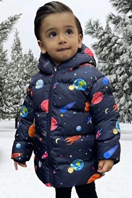 Freemen Erkek Çocuk Polarlı Kapüşonlu Gezegen Yıldız Desenli Kışlık Şişme Mont & Kaban & Parka görsel 3