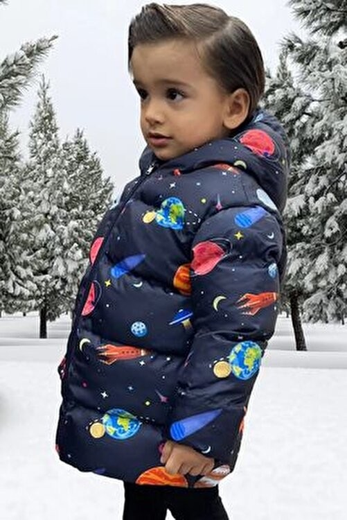 Freemen Erkek Çocuk Polarlı Kapüşonlu Gezegen Yıldız Desenli Kışlık Şişme Mont & Kaban & Parka görsel 4