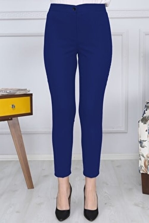 Gül Moda Kadın Lacivert Kemerli Likralı Dar Paça Kumaş Pantolon Pamuklu Cepsiz G011
