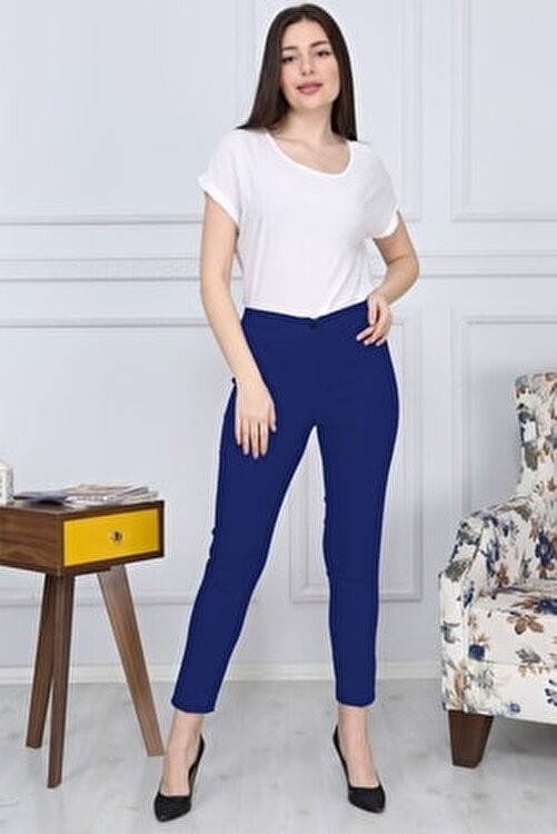 Gül Moda Kadın Lacivert Kemerli Likralı Dar Paça Kumaş Pantolon Pamuklu Cepsiz G011 görsel 2