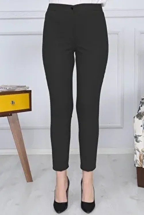 Gül Moda Kadın Lacivert Kemerli Likralı Dar Paça Kumaş Pantolon Pamuklu Cepsiz G011