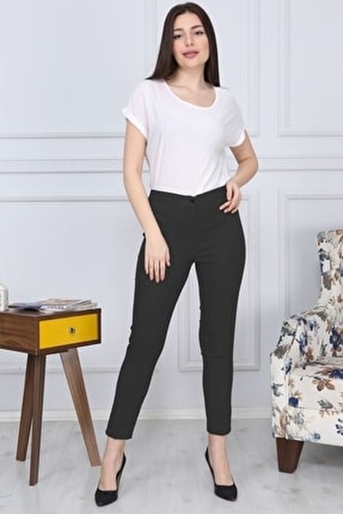 Gül Moda Kadın Lacivert Kemerli Likralı Dar Paça Kumaş Pantolon Pamuklu Cepsiz G011 görsel 7