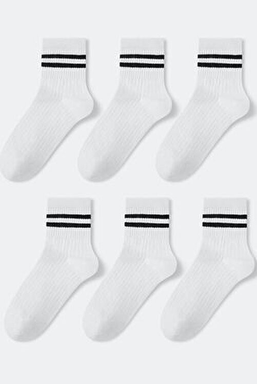 Bgk Unisex Çizgili Dizaltı Tenis Çorap 6'lı Paket Beyaz Renk Dokuma Kumaş Özellikleriyle