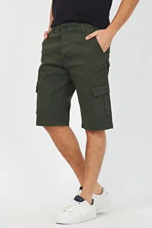 Tarz Cool Erkek Slim Fit Siyah Kargo Cep Likralı Şort Düz Desenli Yazlık Rahat Kesim