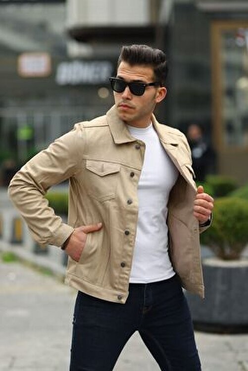 Comstar Erkek Trend Polo Yaka Slim Fit Denim Jeans Bej Kot Ceket