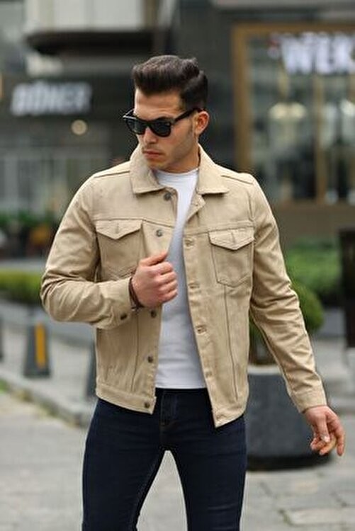Comstar Erkek Trend Polo Yaka Slim Fit Denim Jeans Bej Kot Ceket görsel 3