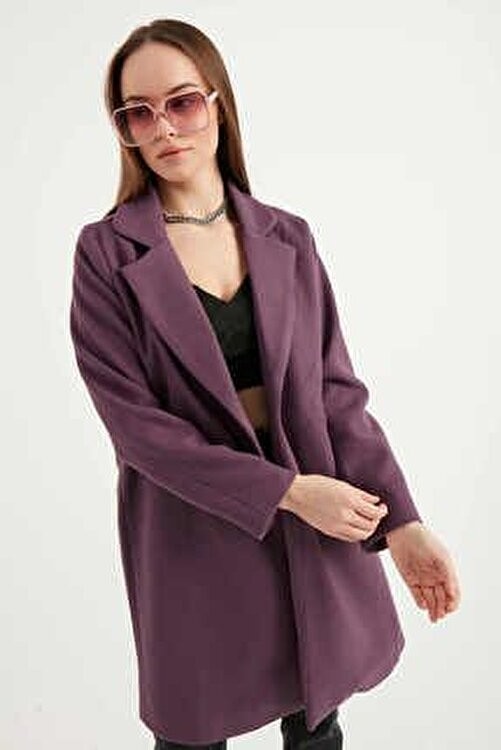 Meecy Kadın Mor Kaşe Kaban Polyester Dokuma Regular Kalıp Uzun Kol Çift Cepli Günlük Stil görsel 5