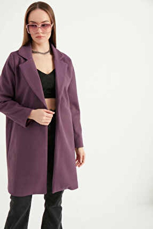 Meecy Kadın Mor Kaşe Kaban Polyester Dokuma Regular Kalıp Uzun Kol Çift Cepli Günlük Stil görsel 7