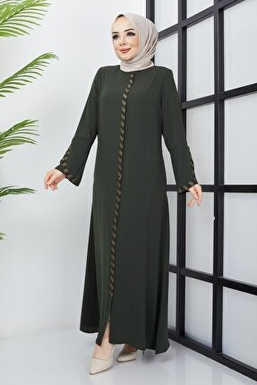 Hafsa Mina hafsamina Haki Renkli Büyük Beden Ferace Taş İşleme Detaylı Uzun Kol Kadın Polyester Karışımlı